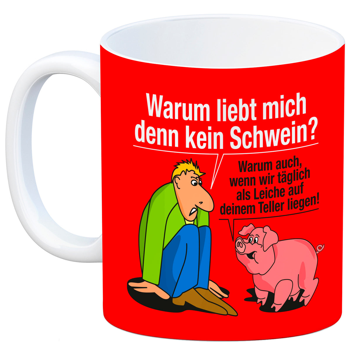 Kaffeebecher zum Thema Fleischesser und Vegetarier mit Schweine Motiv