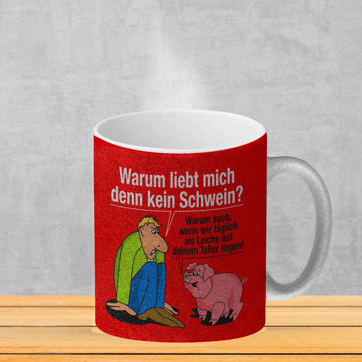 Kaffeebecher zum Thema Fleischesser und Vegetarier mit Schweine Motiv