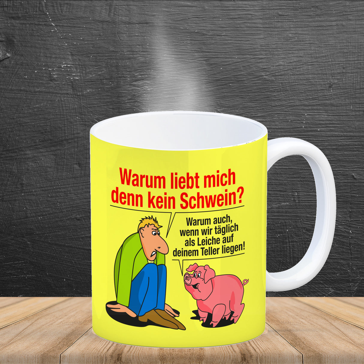 Kaffeebecher zum Thema Fleischesser und Vegetarier mit Schweine Motiv