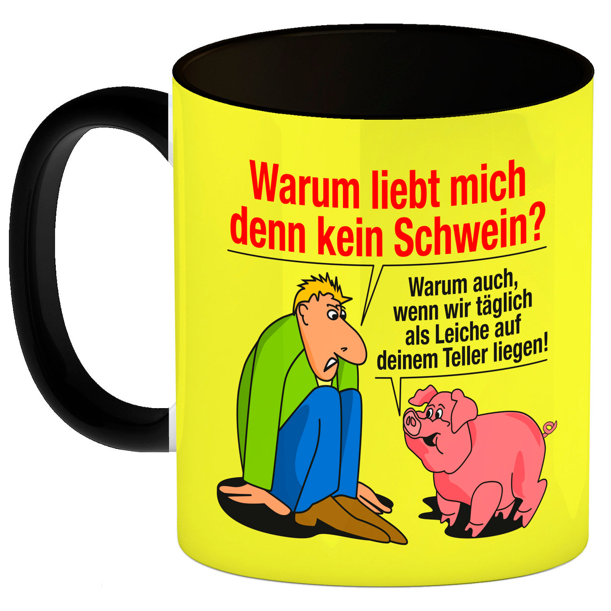 Kaffeebecher zum Thema Fleischesser und Vegetarier mit Schweine Motiv