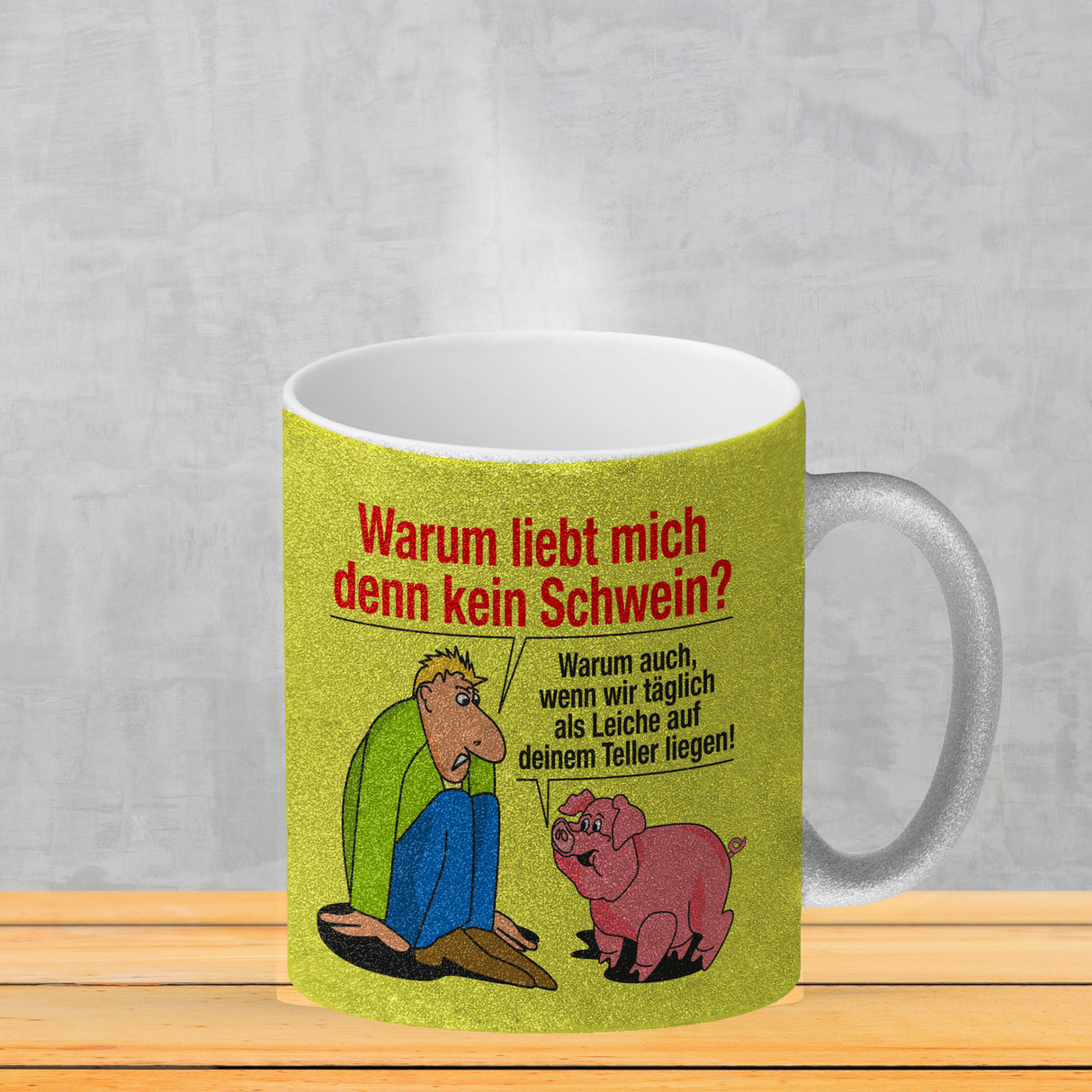 Kaffeebecher zum Thema Fleischesser und Vegetarier mit Schweine Motiv