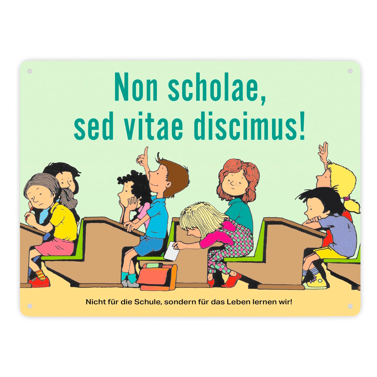 Schüler im Klassenzimmer Metallschild zum Thema Eigenverantwortung