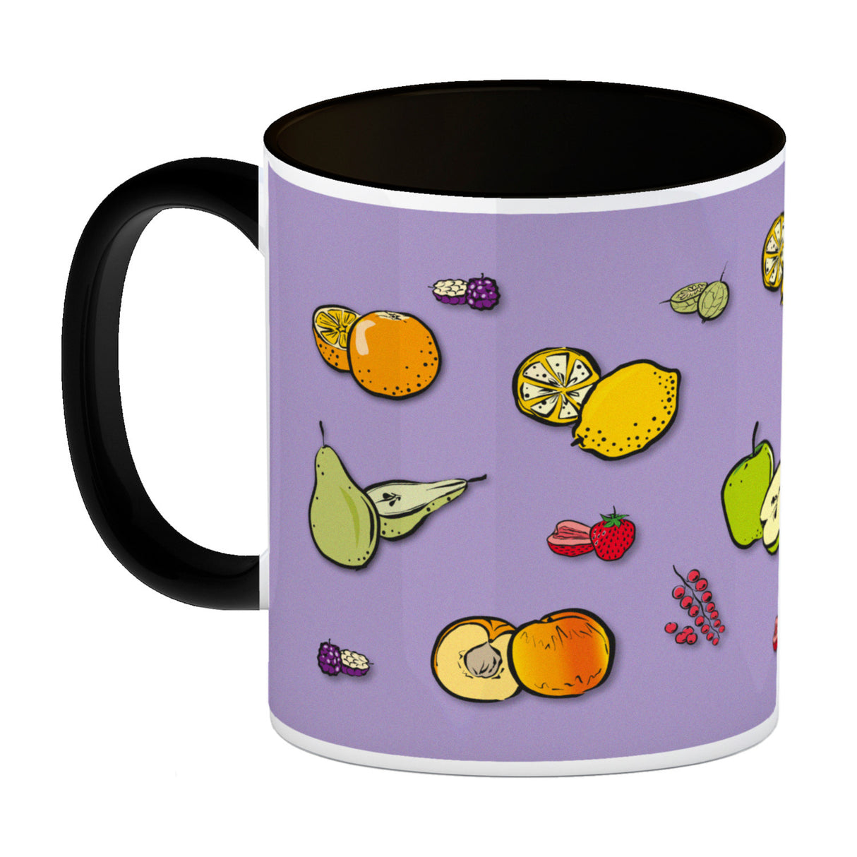 Kaffeebecher in lila zum Thema Obst mit verschiedenen Früchten