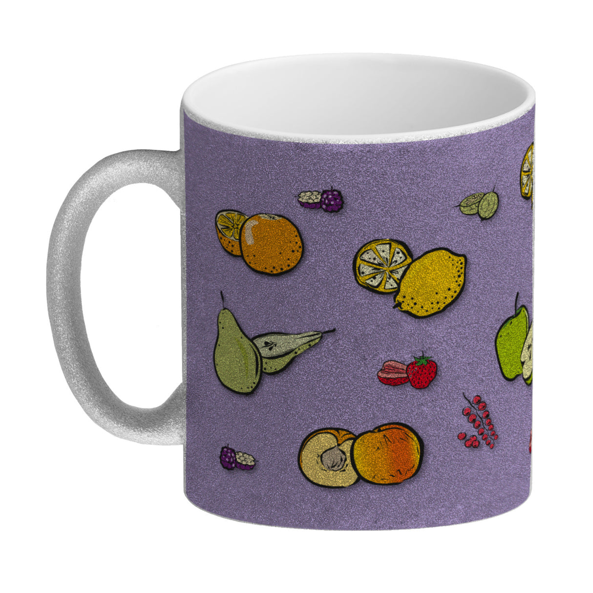 Kaffeebecher in lila zum Thema Obst mit verschiedenen Früchten