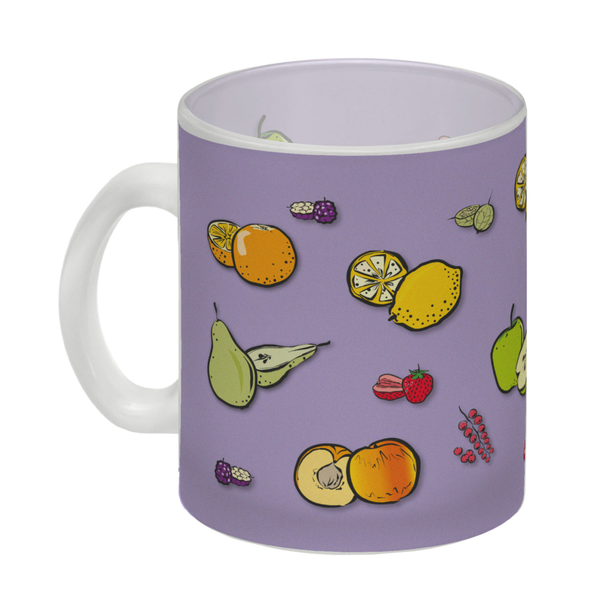 Kaffeebecher in lila zum Thema Obst mit verschiedenen Früchten