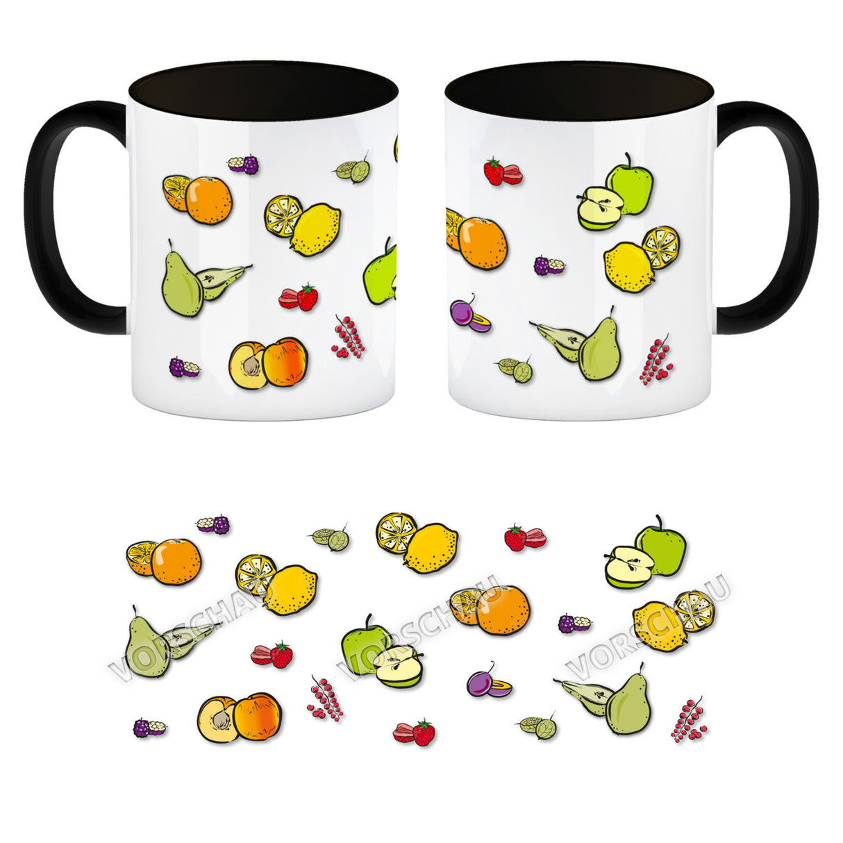 Kaffeebecher in lila zum Thema Obst mit verschiedenen Früchten