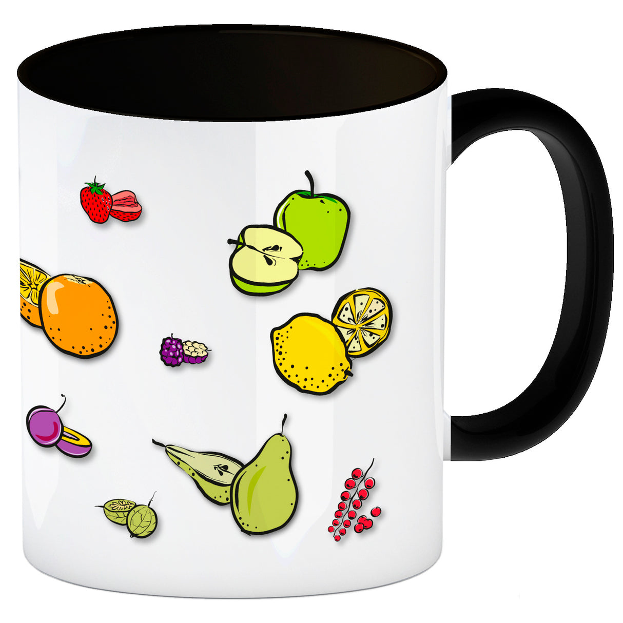 Kaffeebecher in lila zum Thema Obst mit verschiedenen Früchten