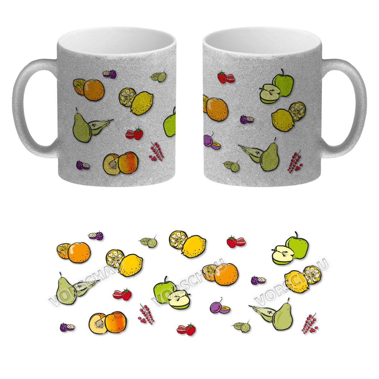 Kaffeebecher in lila zum Thema Obst mit verschiedenen Früchten