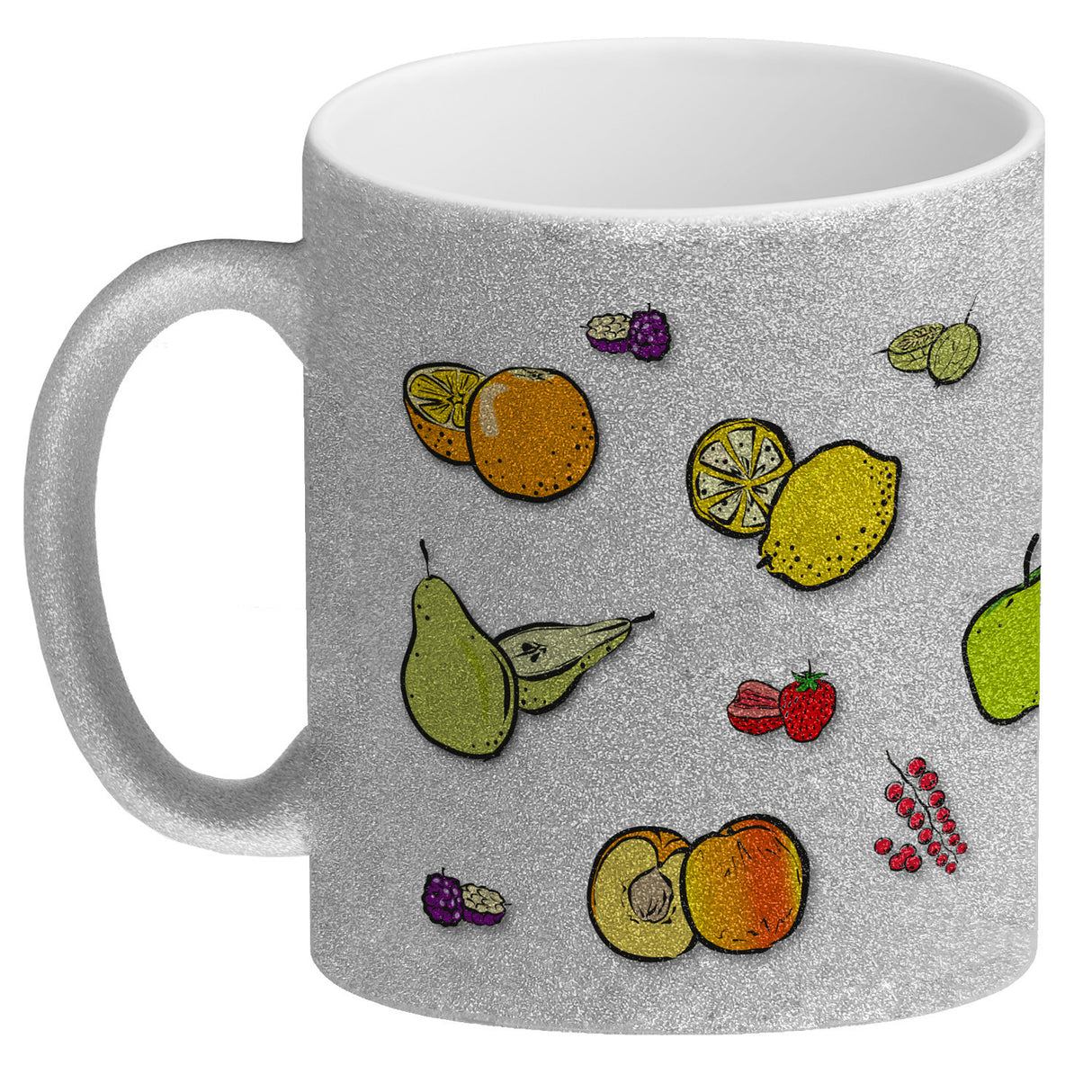 Kaffeebecher in lila zum Thema Obst mit verschiedenen Früchten