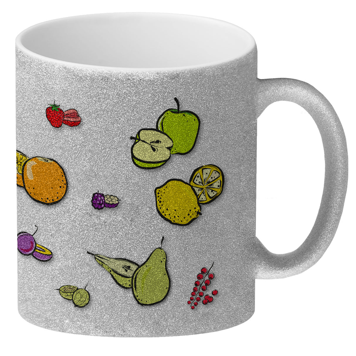 Kaffeebecher in lila zum Thema Obst mit verschiedenen Früchten
