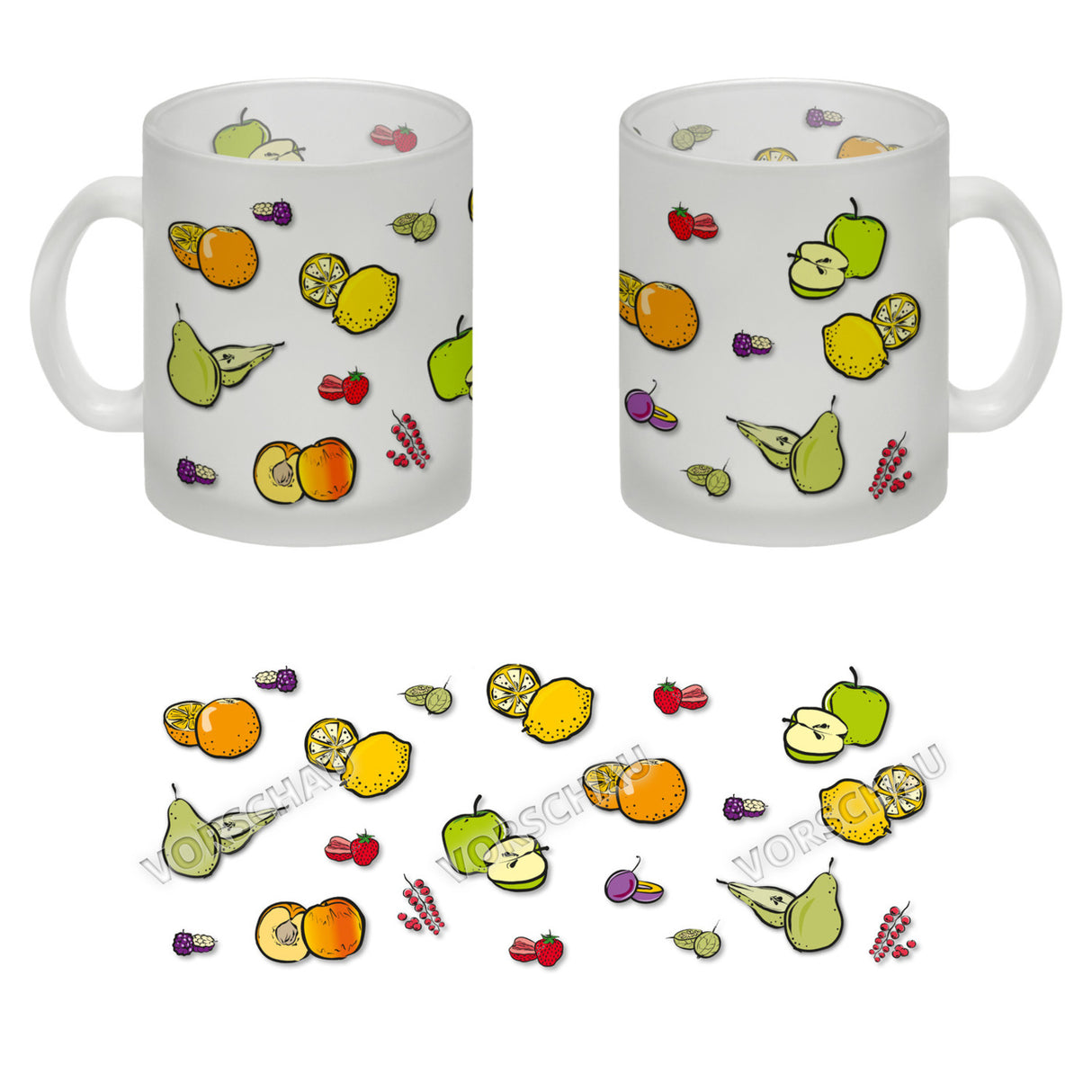 Kaffeebecher in lila zum Thema Obst mit verschiedenen Früchten