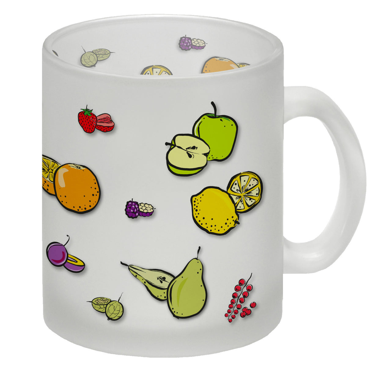 Kaffeebecher in lila zum Thema Obst mit verschiedenen Früchten