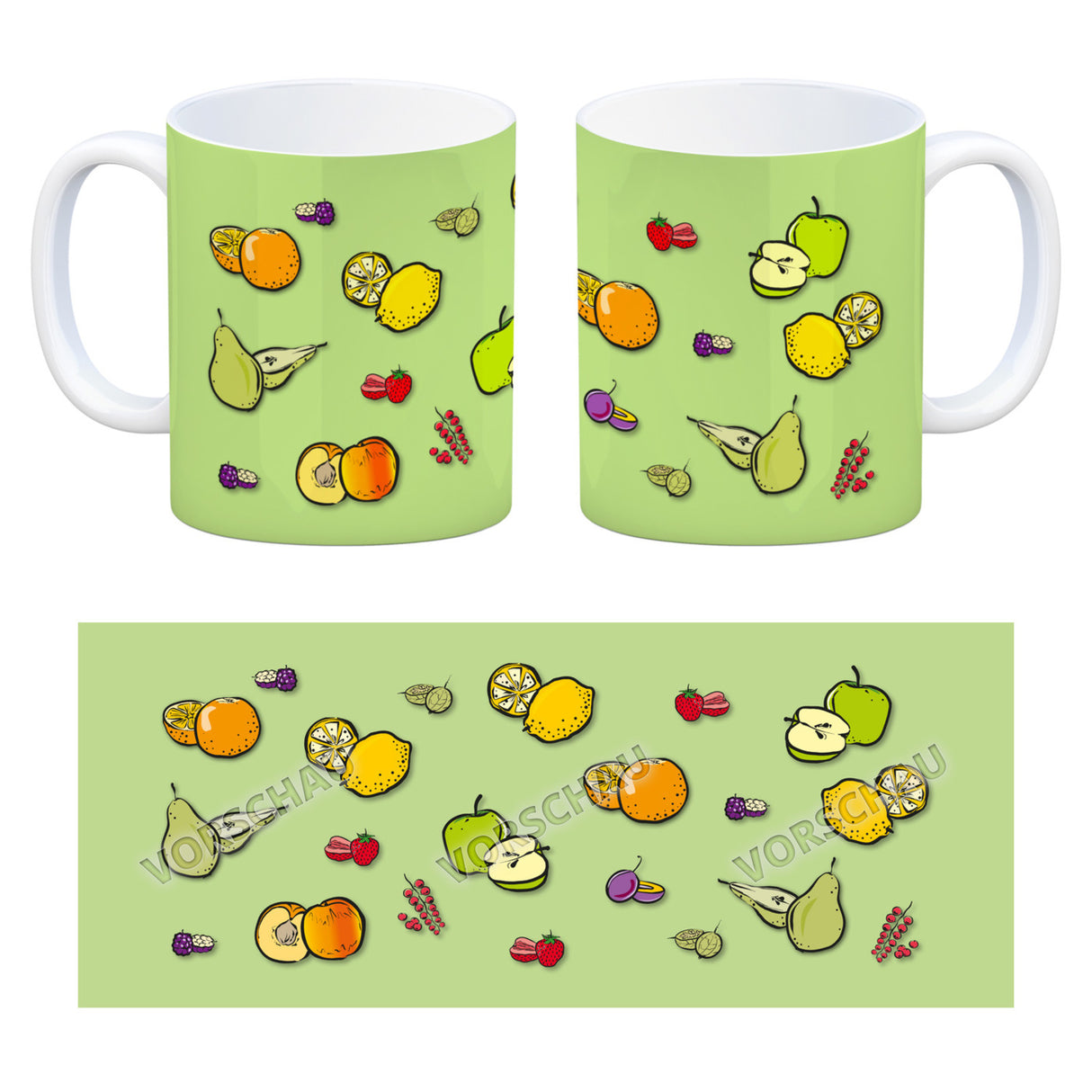 Kaffeebecher in lila zum Thema Obst mit verschiedenen Früchten