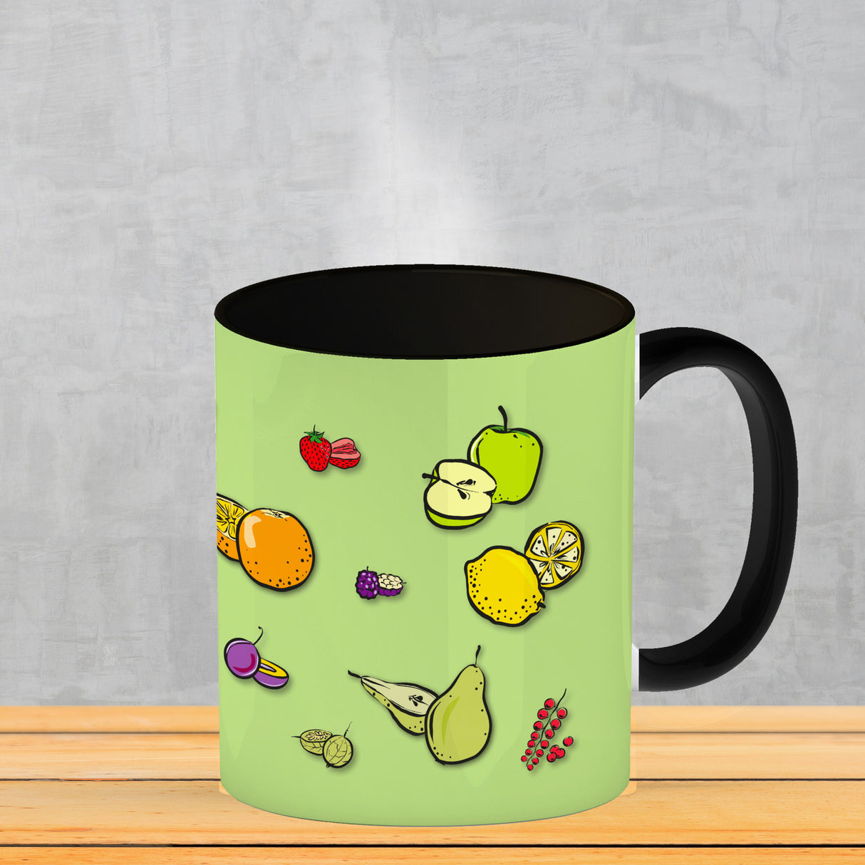 Kaffeebecher in lila zum Thema Obst mit verschiedenen Früchten