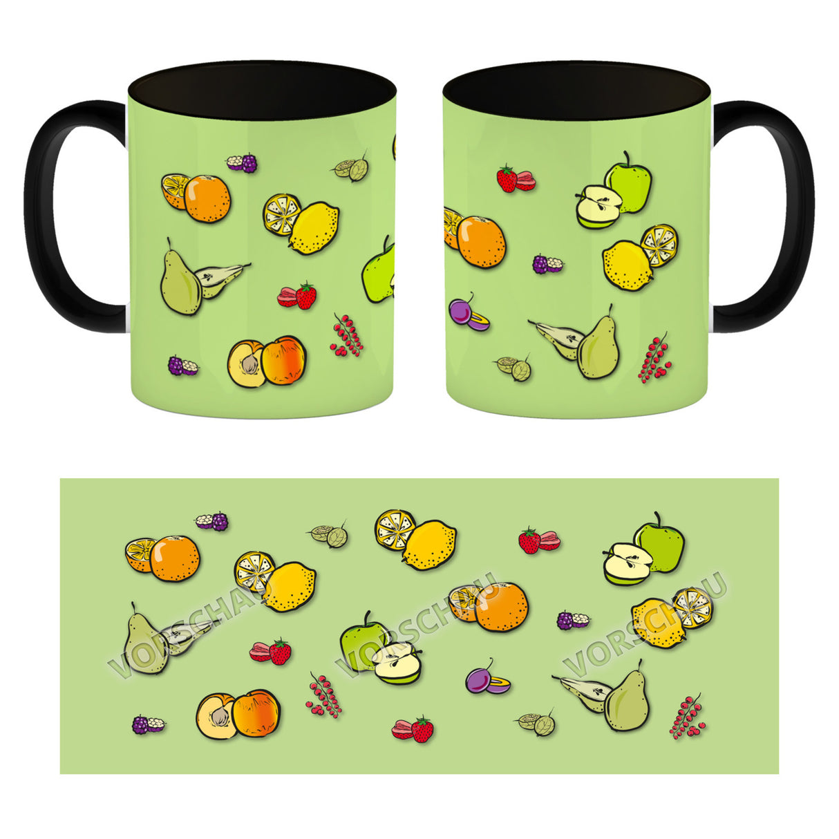 Kaffeebecher in lila zum Thema Obst mit verschiedenen Früchten