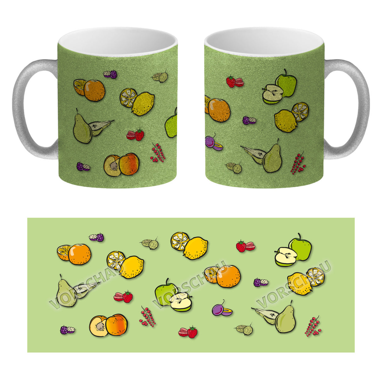 Kaffeebecher in lila zum Thema Obst mit verschiedenen Früchten