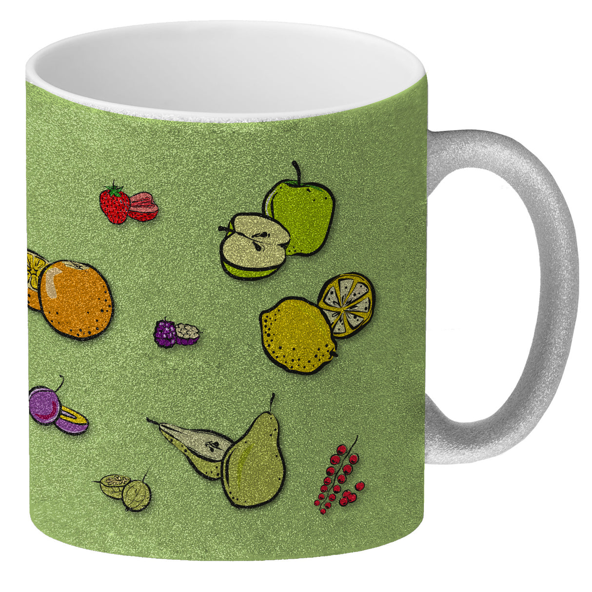 Kaffeebecher in lila zum Thema Obst mit verschiedenen Früchten