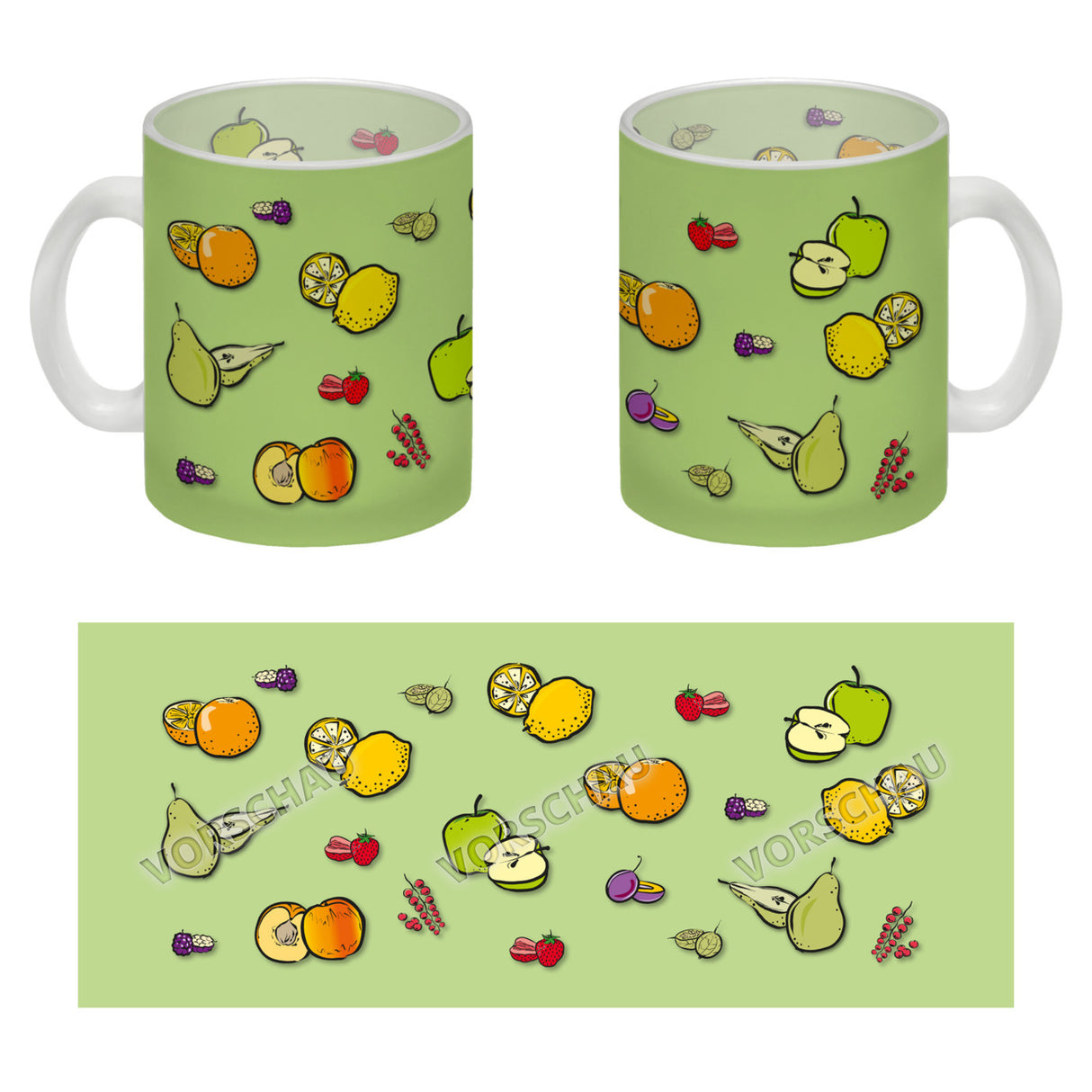 Kaffeebecher in lila zum Thema Obst mit verschiedenen Früchten