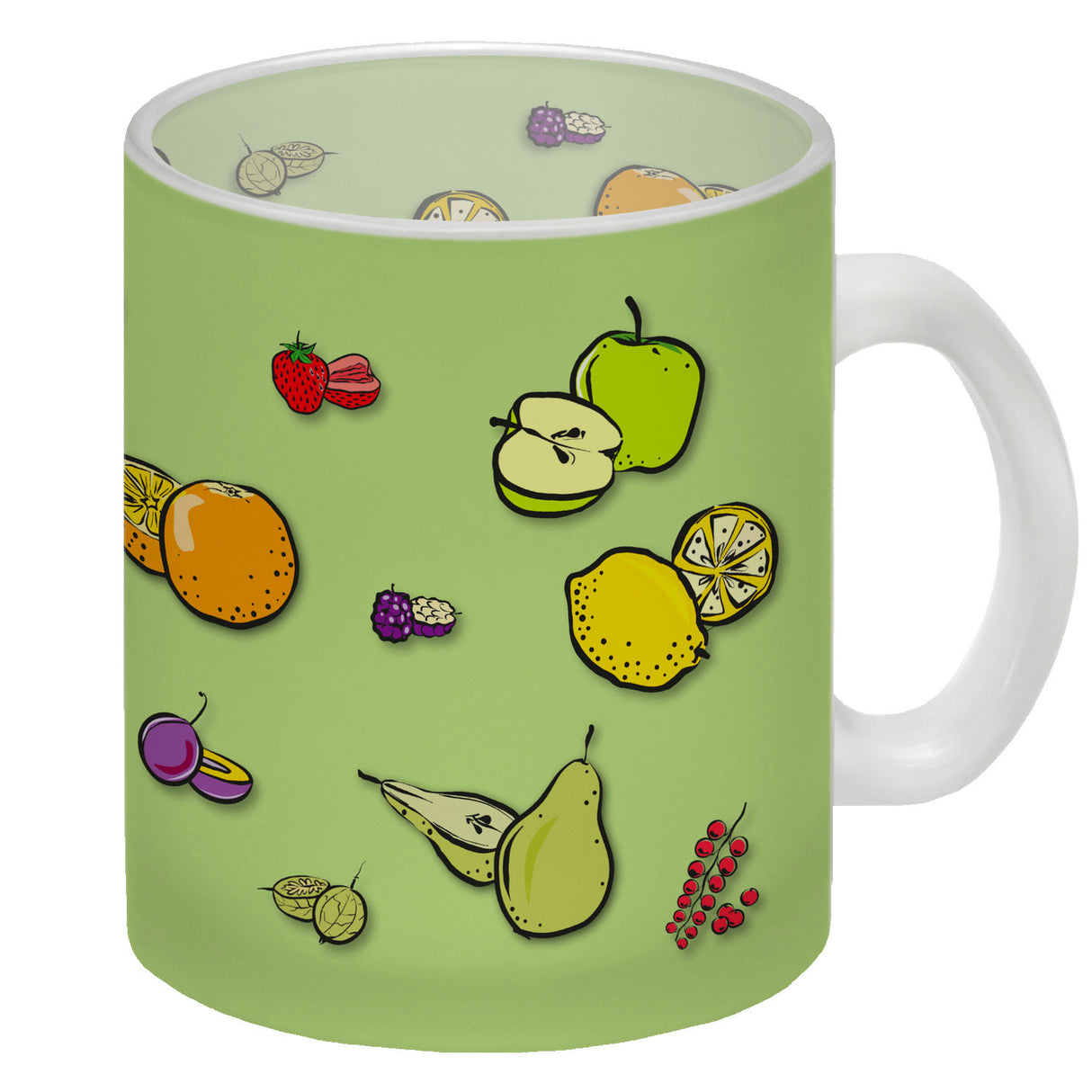 Kaffeebecher in lila zum Thema Obst mit verschiedenen Früchten