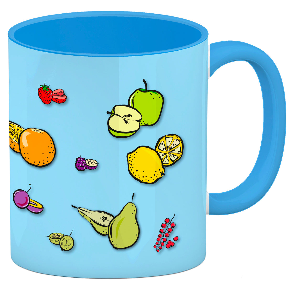 Kaffeebecher in lila zum Thema Obst mit verschiedenen Früchten