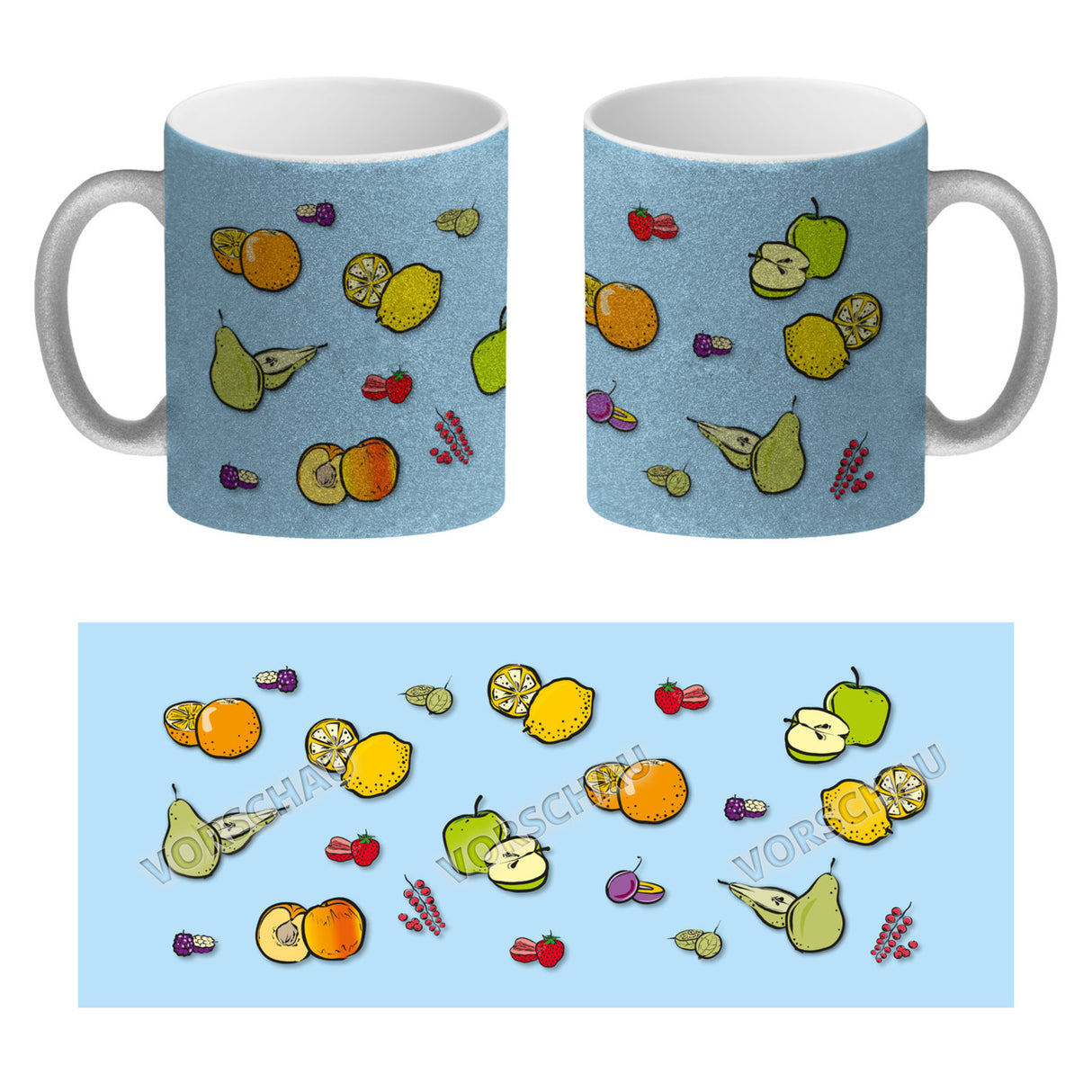 Kaffeebecher in lila zum Thema Obst mit verschiedenen Früchten