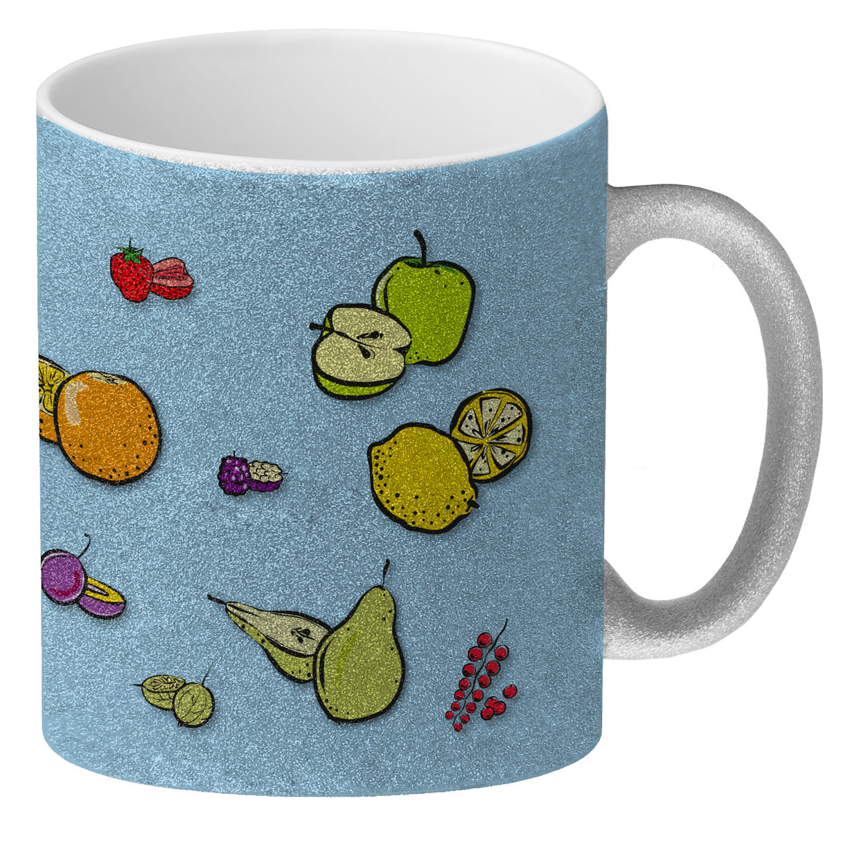 Kaffeebecher in lila zum Thema Obst mit verschiedenen Früchten