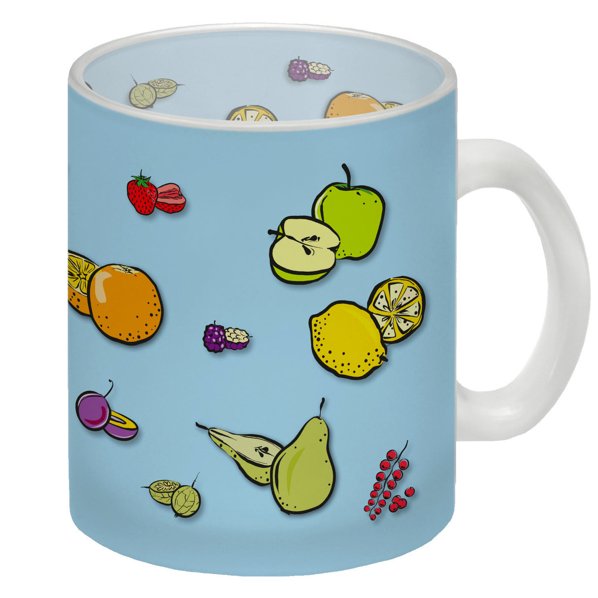 Kaffeebecher in lila zum Thema Obst mit verschiedenen Früchten