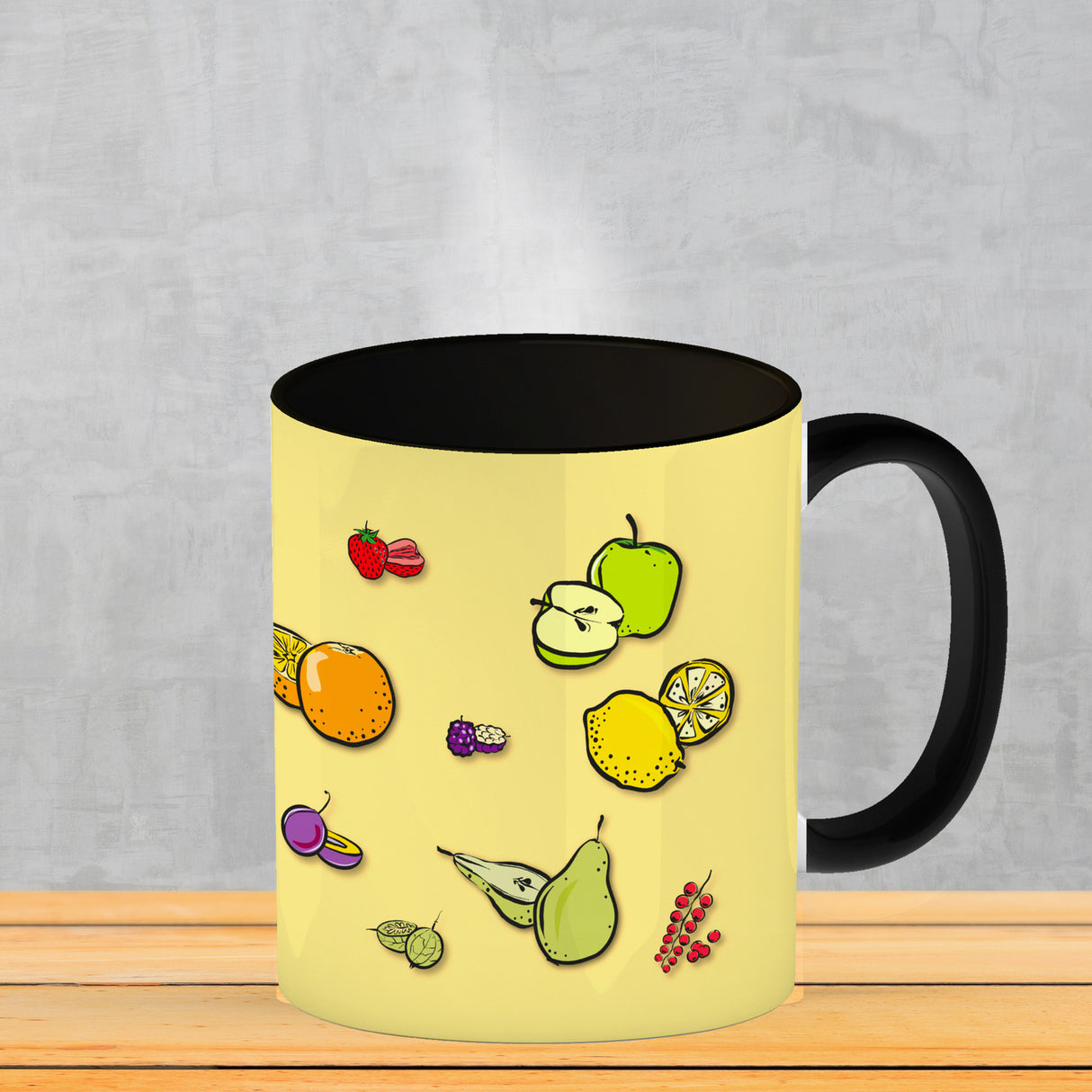 Kaffeebecher in lila zum Thema Obst mit verschiedenen Früchten