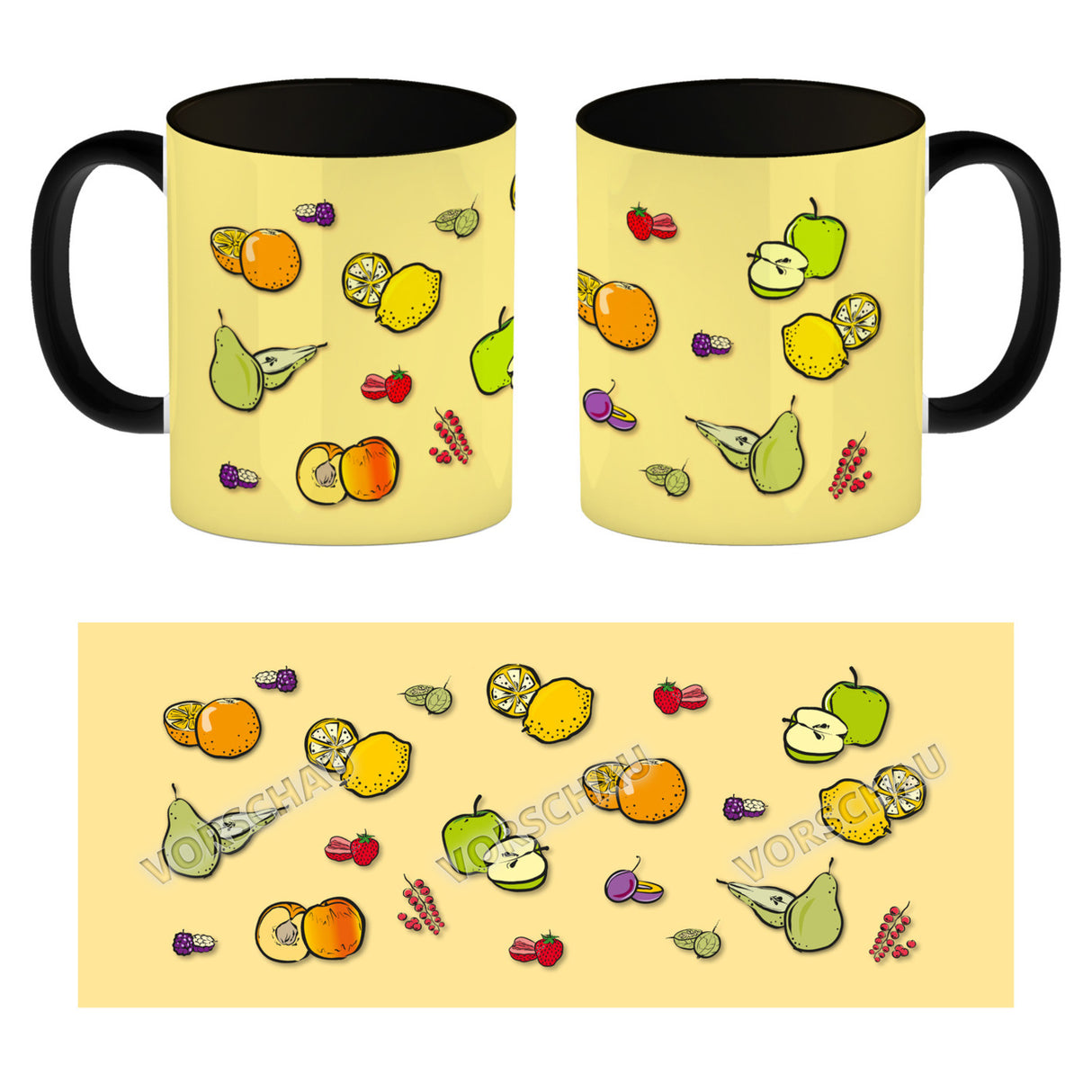 Kaffeebecher in lila zum Thema Obst mit verschiedenen Früchten
