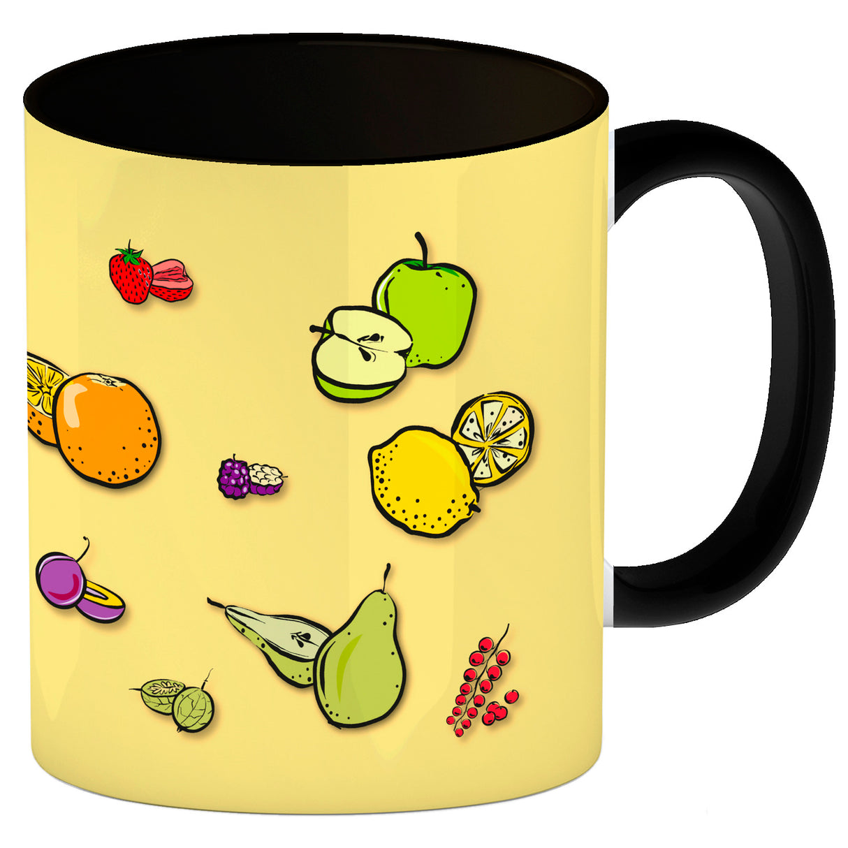 Kaffeebecher in lila zum Thema Obst mit verschiedenen Früchten