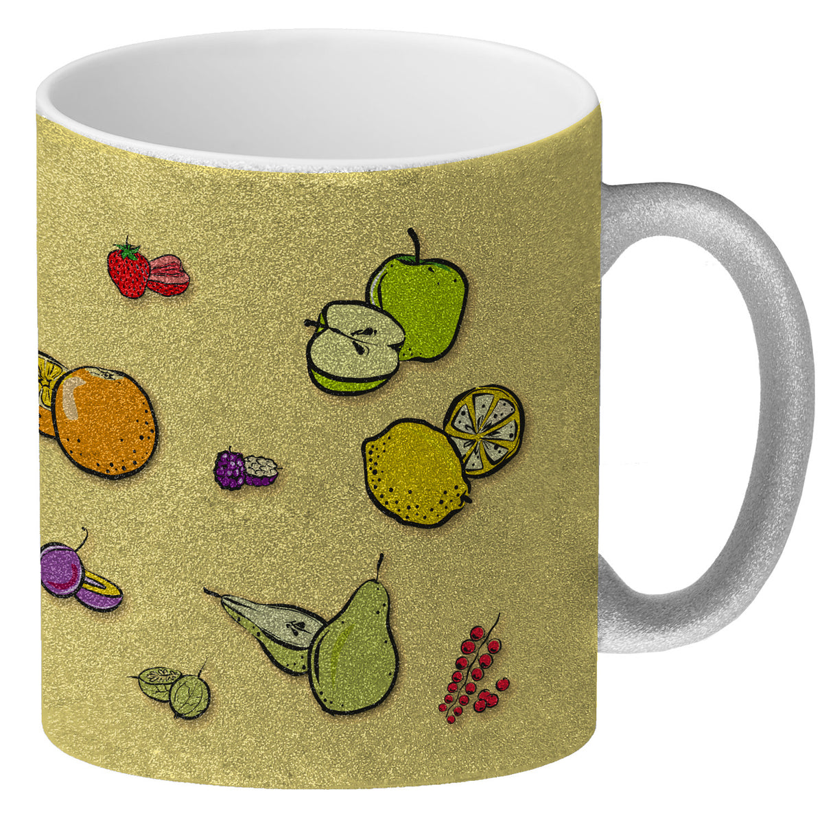 Kaffeebecher in lila zum Thema Obst mit verschiedenen Früchten