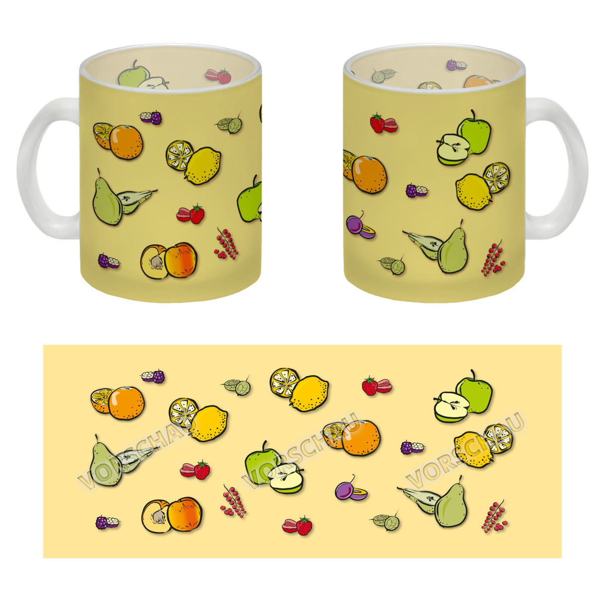 Kaffeebecher in lila zum Thema Obst mit verschiedenen Früchten