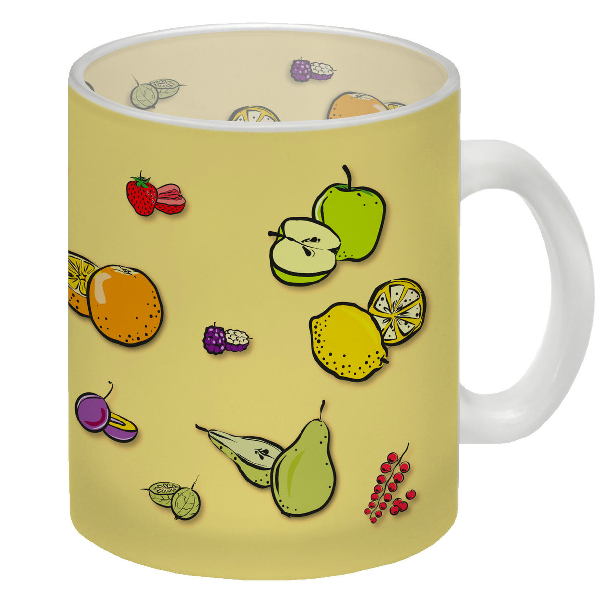 Kaffeebecher in lila zum Thema Obst mit verschiedenen Früchten