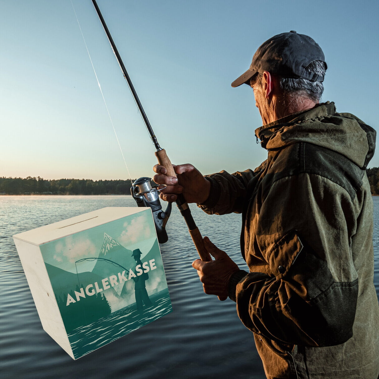 Anglerkasse Spardose mit Anglermotiv für Angler