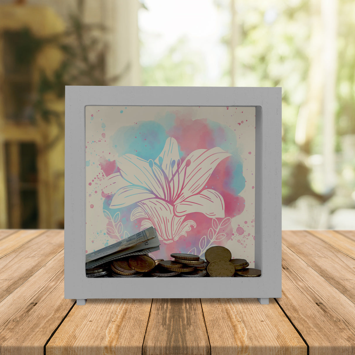 Spardose mit Blumenmotiv in Wasserfarbenoptik