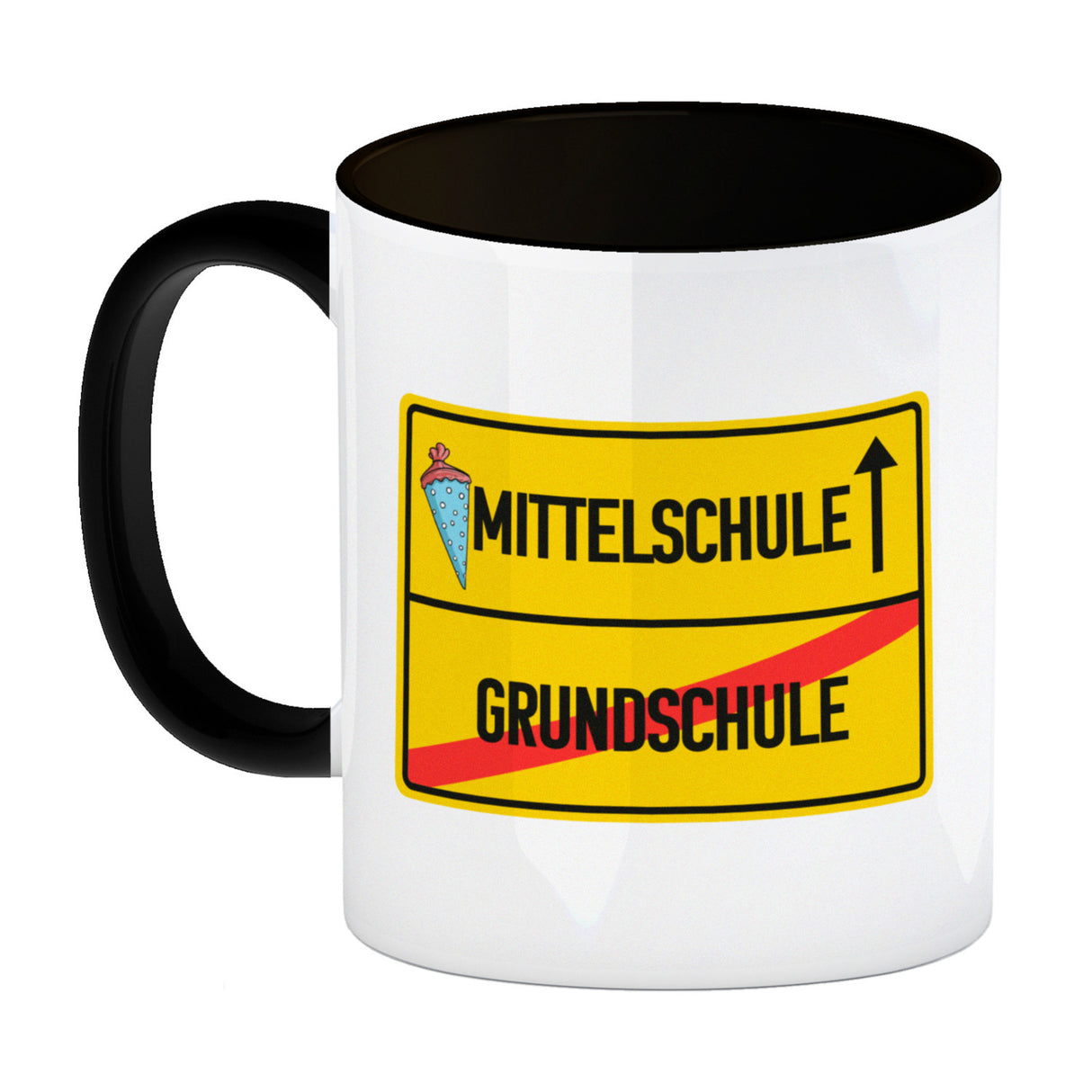 Mittelschule Ortsschild Kaffeebecher zur Einschulung