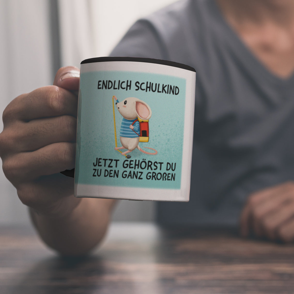 Endlich Schulkind Kaffeebecher mit niedlicher Maus und Spruch