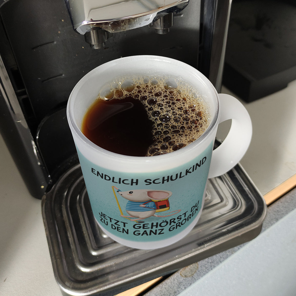 Endlich Schulkind Kaffeebecher mit niedlicher Maus und Spruch