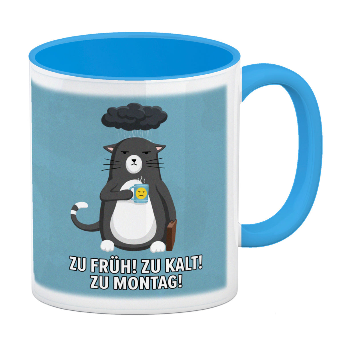 Zu früh, zu kalt, zu Montag witziger Kaffeebecher mit genervter Katze