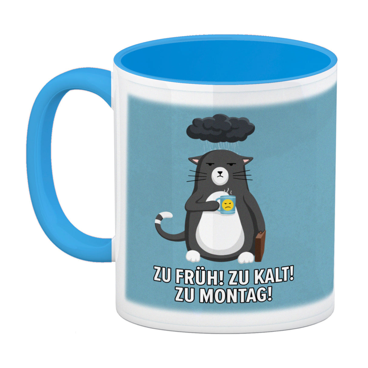 Zu früh, zu kalt, zu Montag witziger Kaffeebecher mit genervter Katze