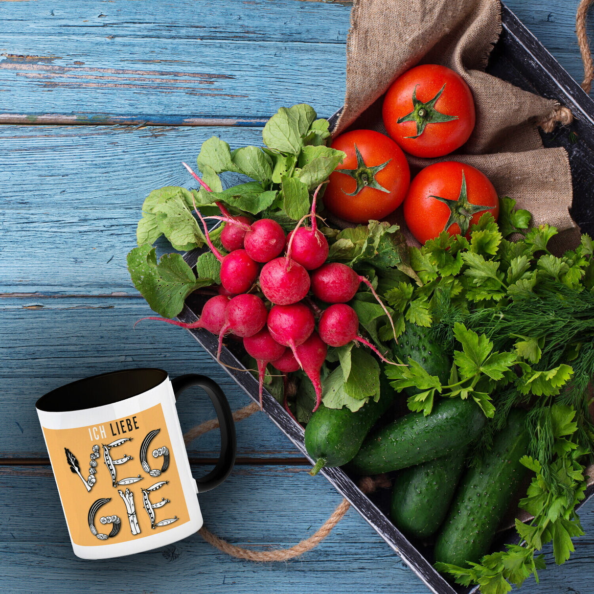 Ich liebe Veggie Kaffeebecher mit Gemüse Motiv in orange