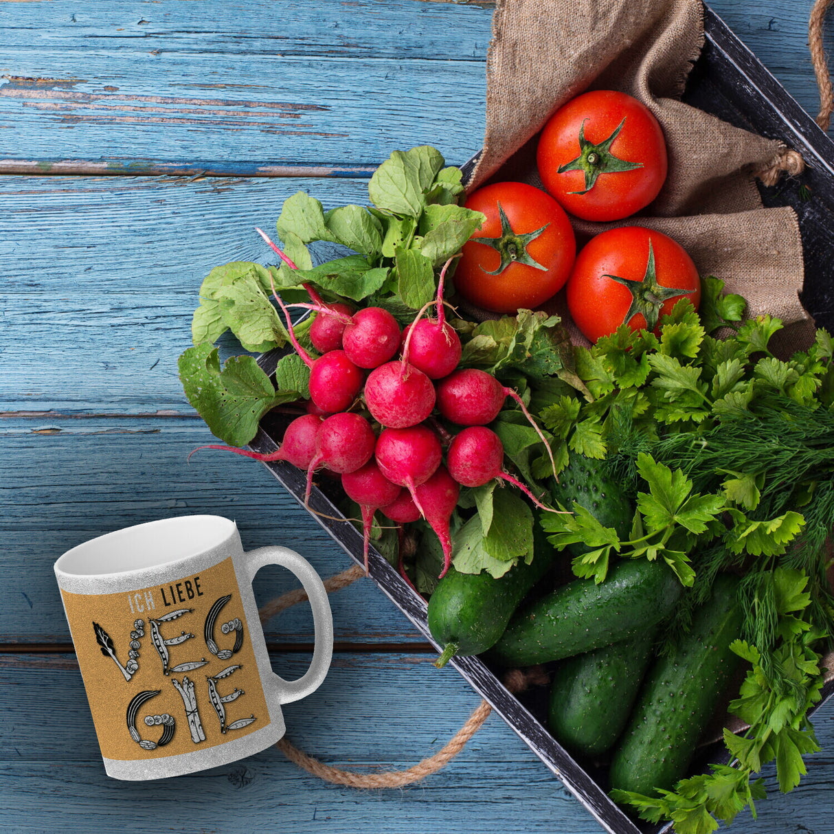 Ich liebe Veggie Kaffeebecher mit Gemüse Motiv in orange