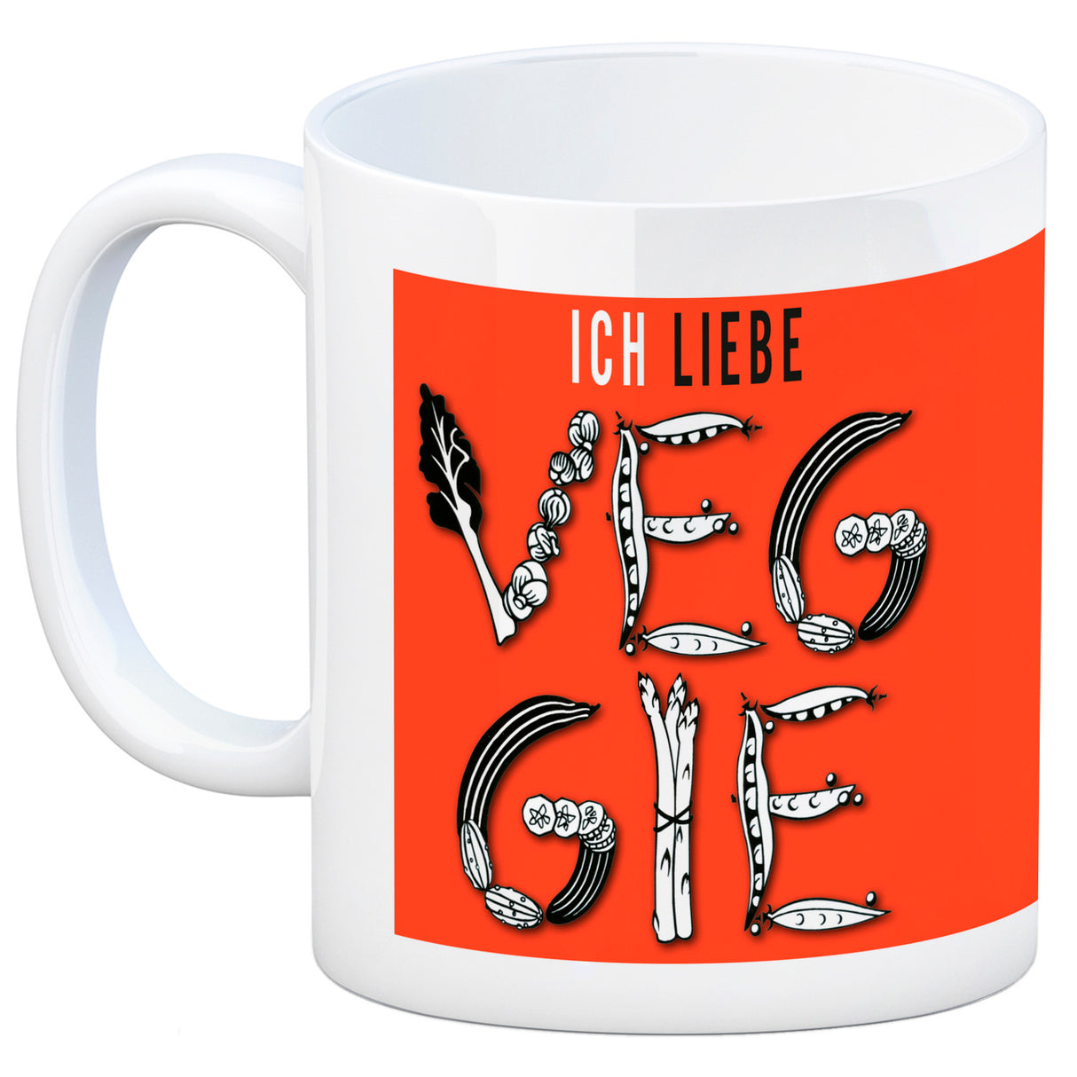 Ich liebe Veggie Kaffeebecher mit Gemüse Motiv in orange