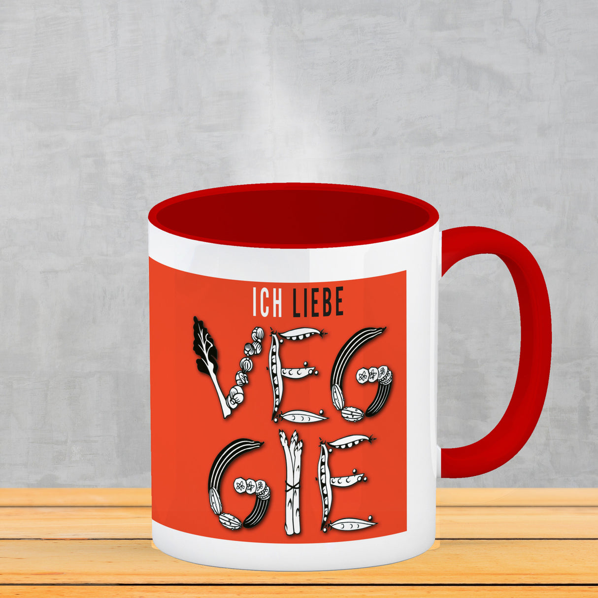 Ich liebe Veggie Kaffeebecher mit Gemüse Motiv in orange