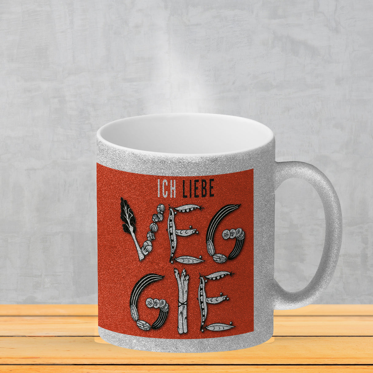 Ich liebe Veggie Kaffeebecher mit Gemüse Motiv in orange