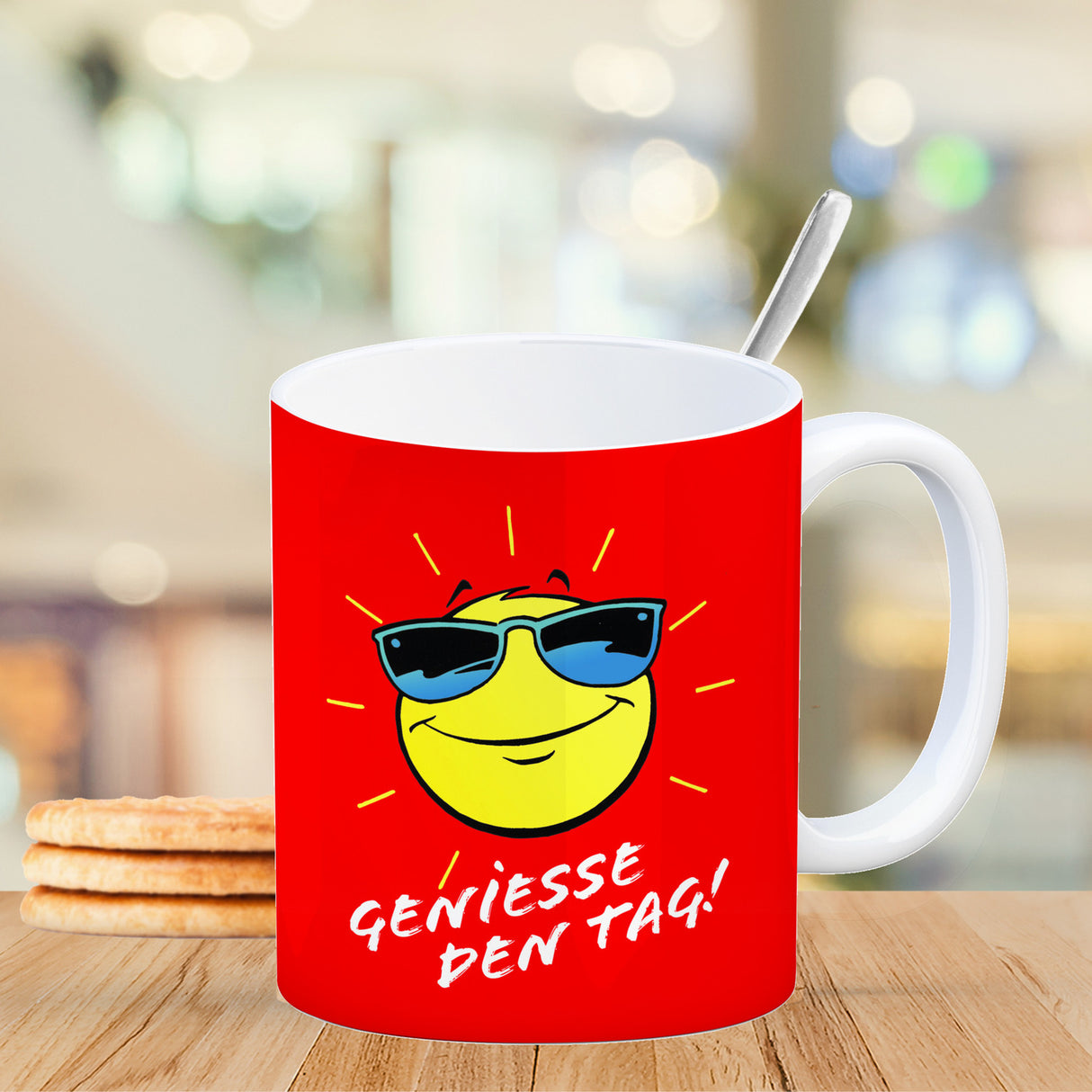 Geniesse den Tag! Kaffeebecher mit strahlender Sonne