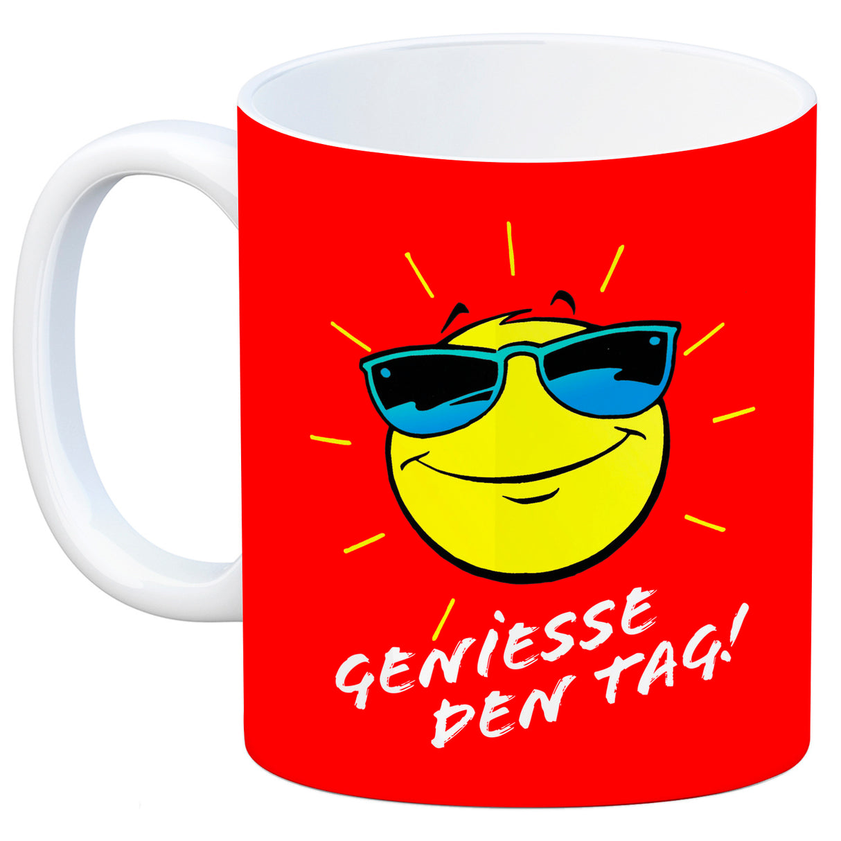 Geniesse den Tag! Kaffeebecher mit strahlender Sonne