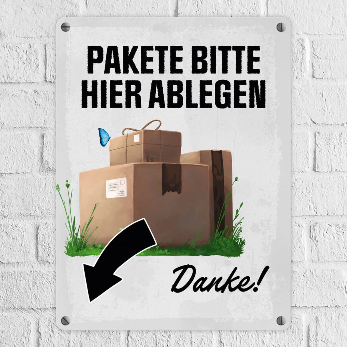 Pakete bitte hier ablegen, Danke! Metallschild - Pfeil rechts
