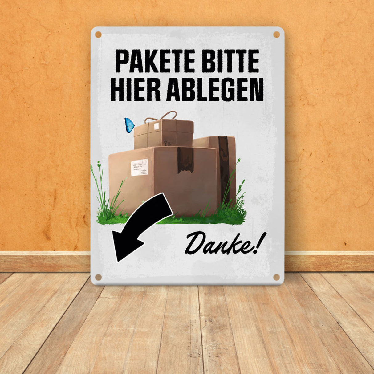 Pakete bitte hier ablegen, Danke! Metallschild - Pfeil rechts