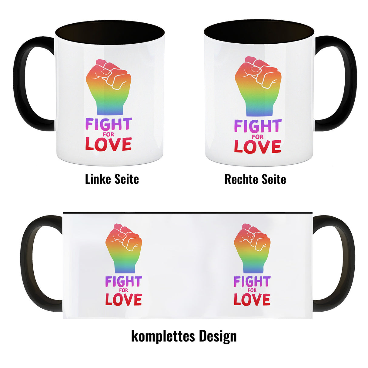 Fight for Love Kaffeebecher mit Faust in Regenbogenfarben